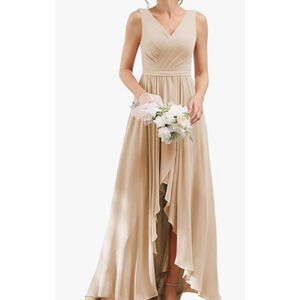 BRIDESMAID SZ 6 S beige tan faux wrap pleated hi low lace up dress NEW B148